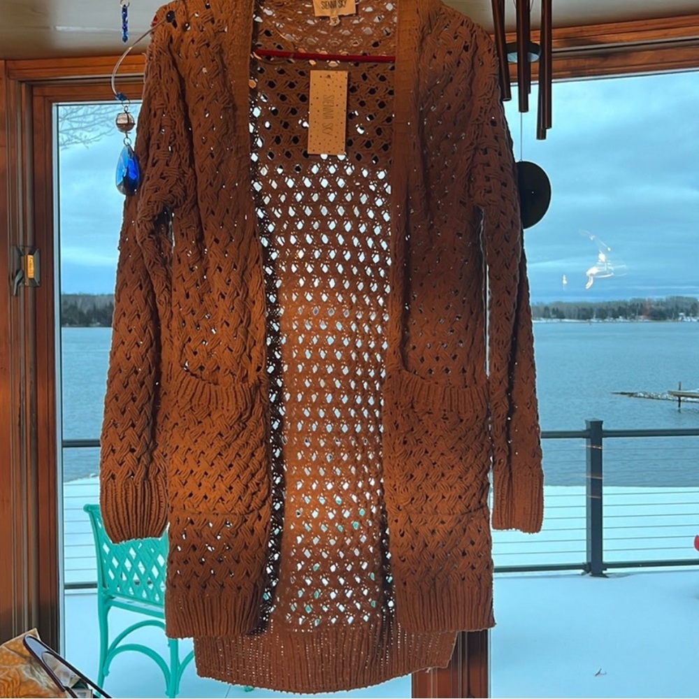 SIENNA SKY waffle knit tan cardigan